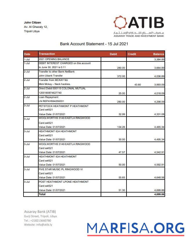 Realistic Libya Assaray bank (ATIB) statement excel template